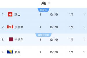 两场比赛均为1-1平！B组积分榜：瑞士、加拿大、卡塔尔、波黑积分均为1分