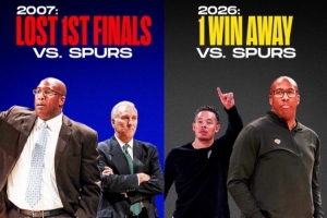 美国媒体展示图片：07年NBA总决赛布朗教练领队被马刺队横扫，仅一步之遥便实现复仇