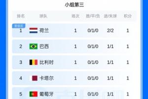 前八名晋级！小组第三名：荷兰、巴西、比利时、葡萄牙、西班牙